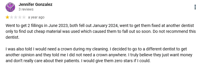 a negative Google review about a dentist