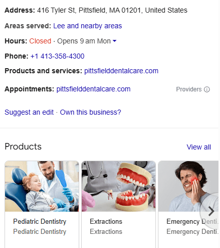 snapsot of Pittsfiled Dental GMB profile