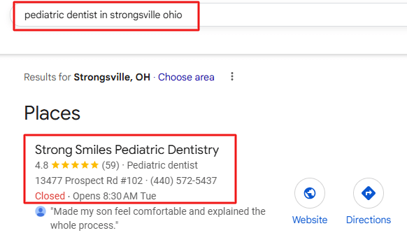 pediatric dentist loca search result on Google