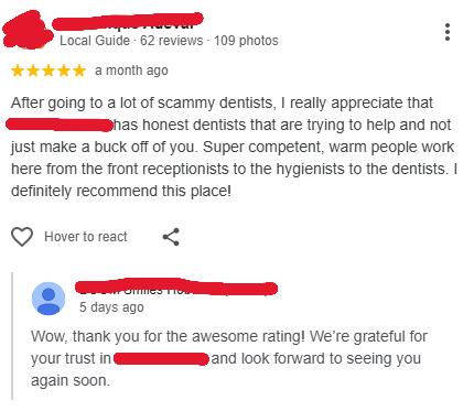 GMB review of a dental clinic