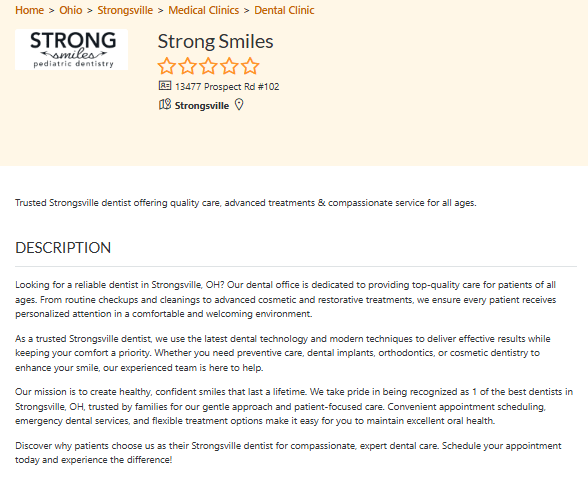 Local business listing of a dental practice