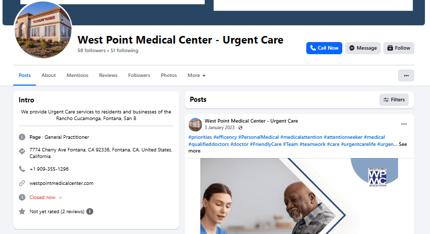 Facebook profile of a medical center