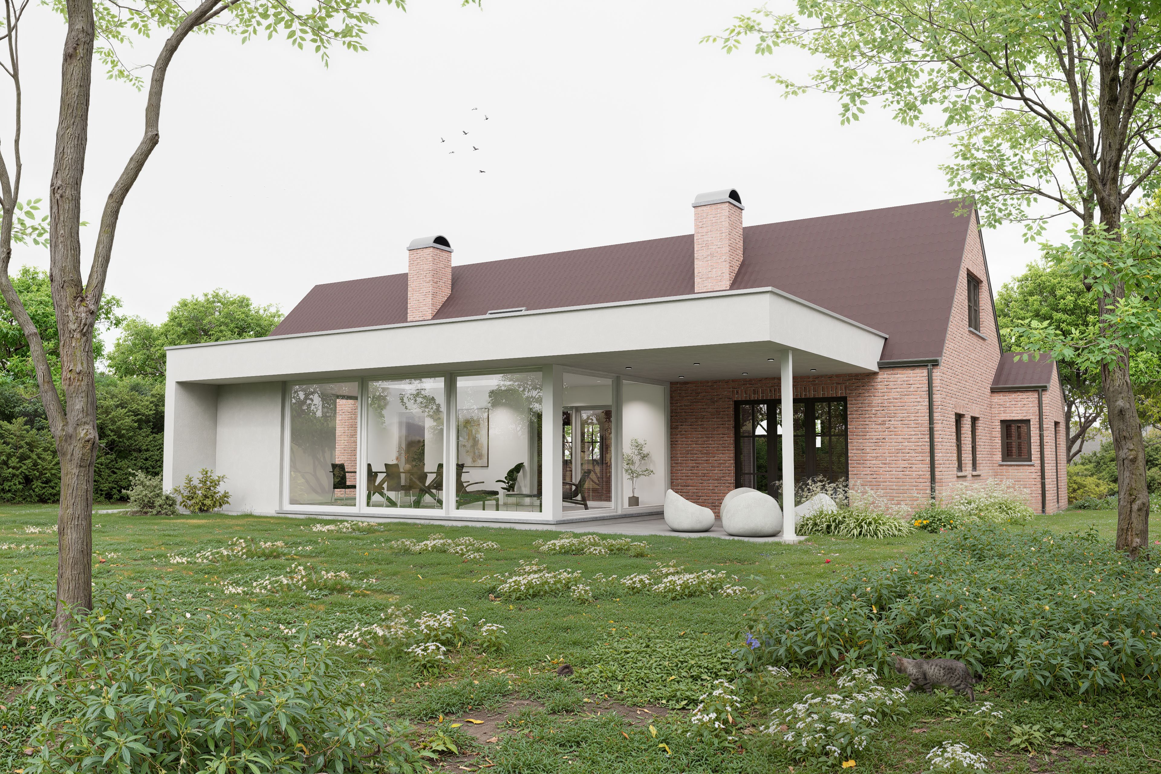 Travaux de transformation d'une maison:  réaménagements intérieurs, construction d'une annexe de plain-pied de ±32m², et modification du garage.