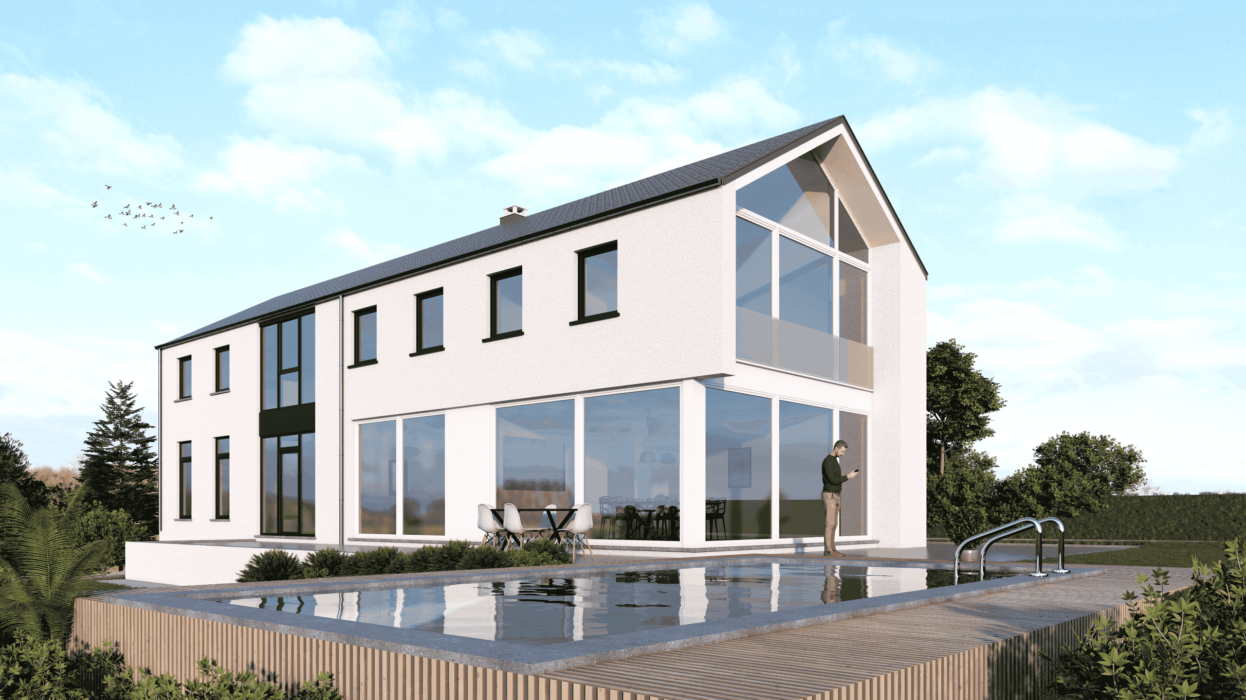 Construction d'une extension de plain-pied (côté cuisine), aménagement d'une terrasse, réalisation d'une piscine