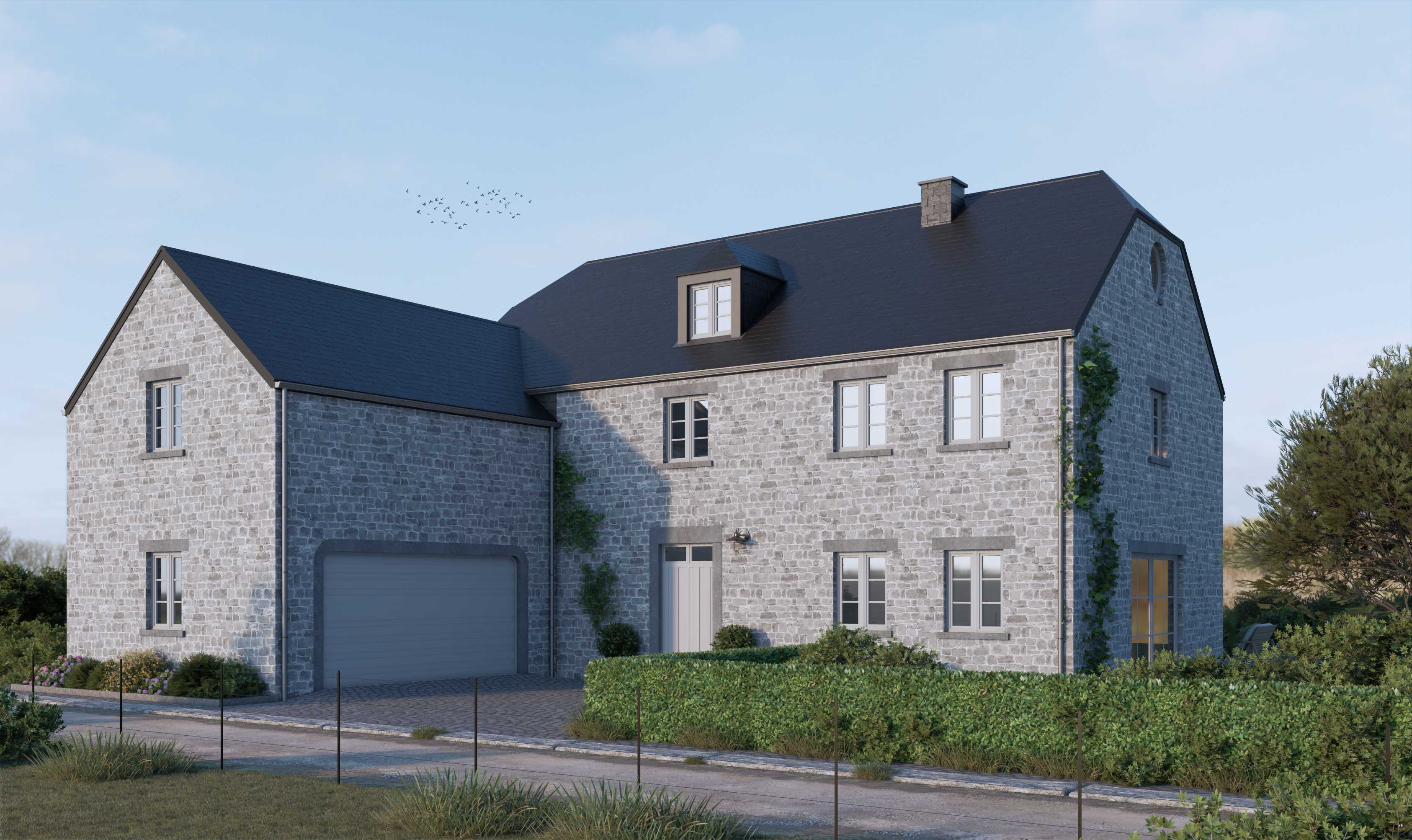 Construction d'une maison unifamiliale 4 façades comprenant 4 chambres, 2 bureaux, 2 salles de bain et des combles aménageables. 