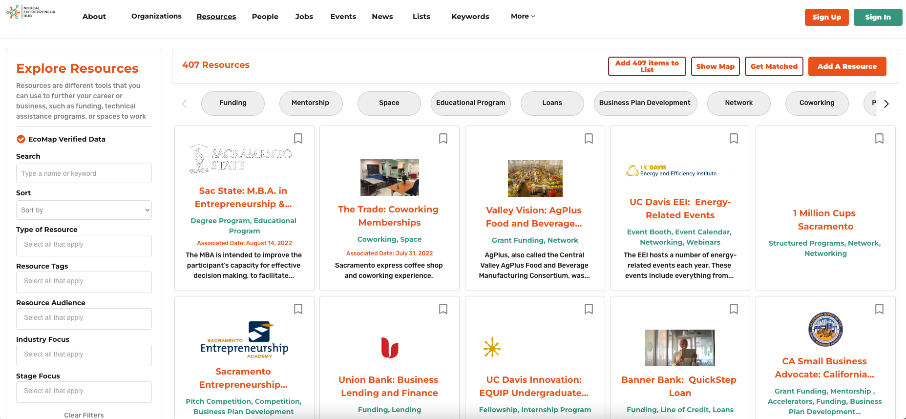 Resource database for NorCal Entrepreneur Hub