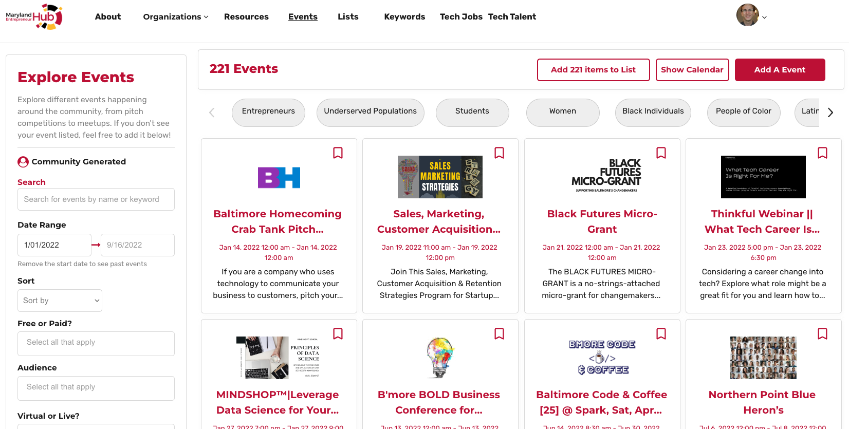 A list of events on the Maryland Entrepreneur Hub
