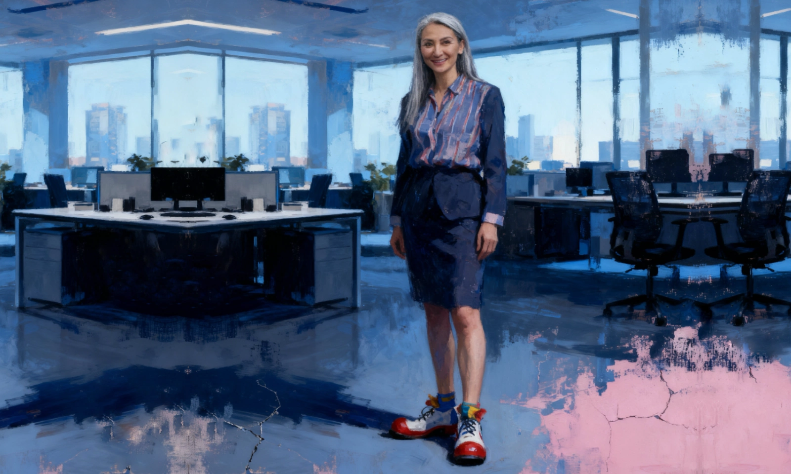 Business executive with clown shoes.