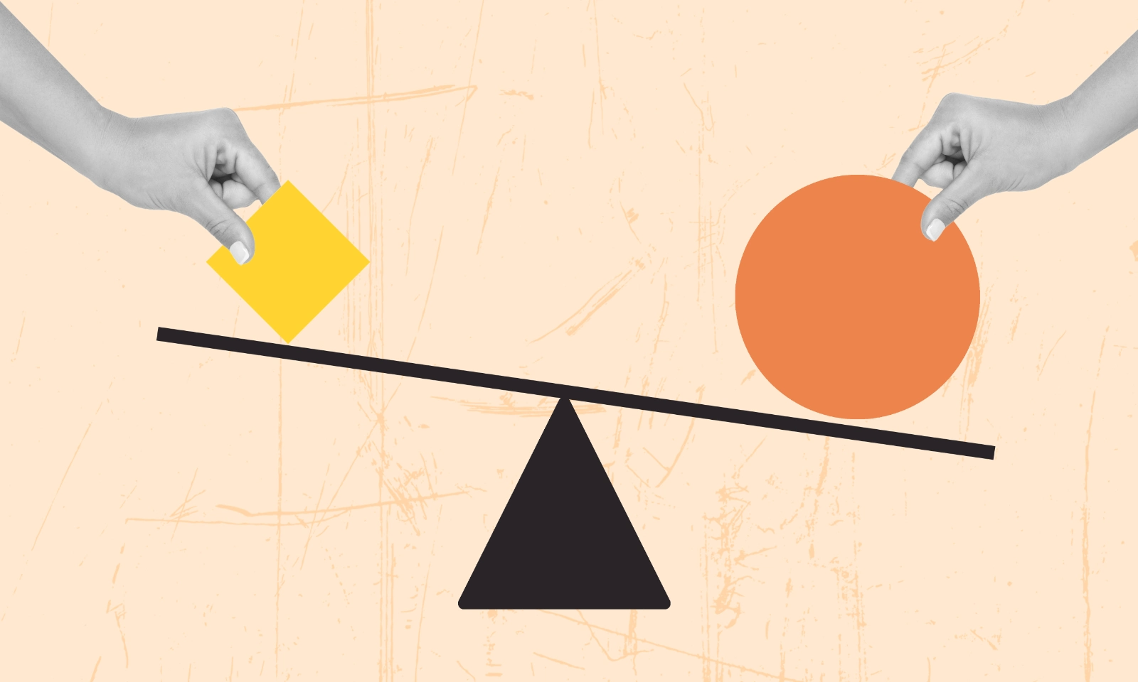 Collage of hands putting a circle and a square on a balance beam.