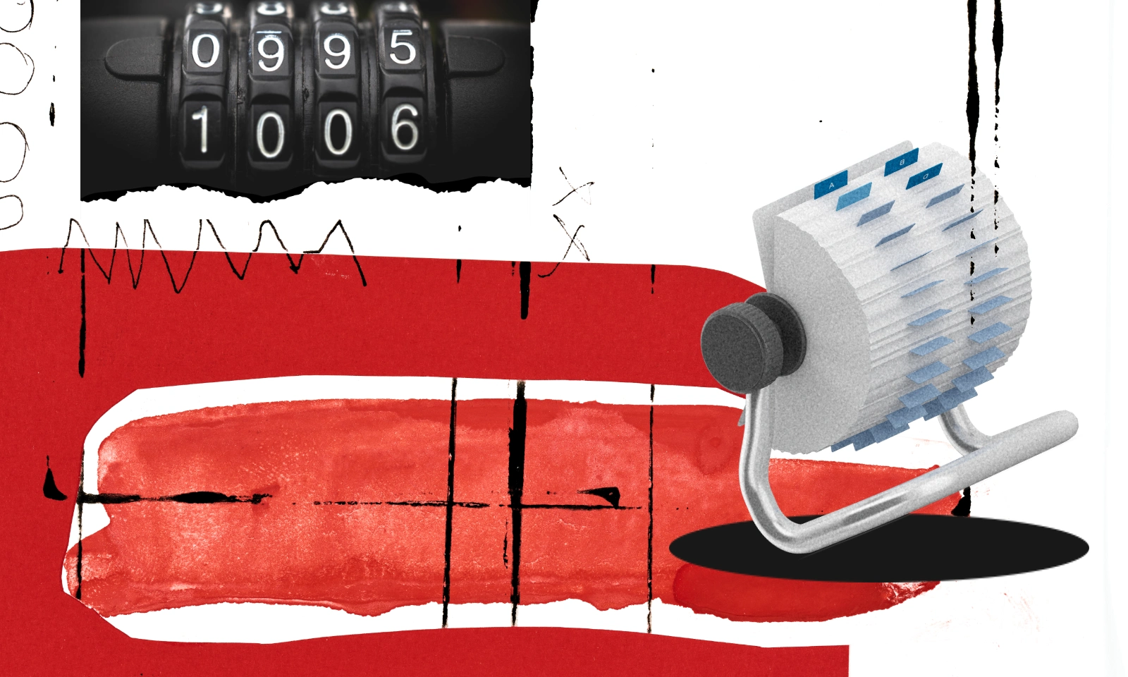Abstract layout of a rolodex and lock.