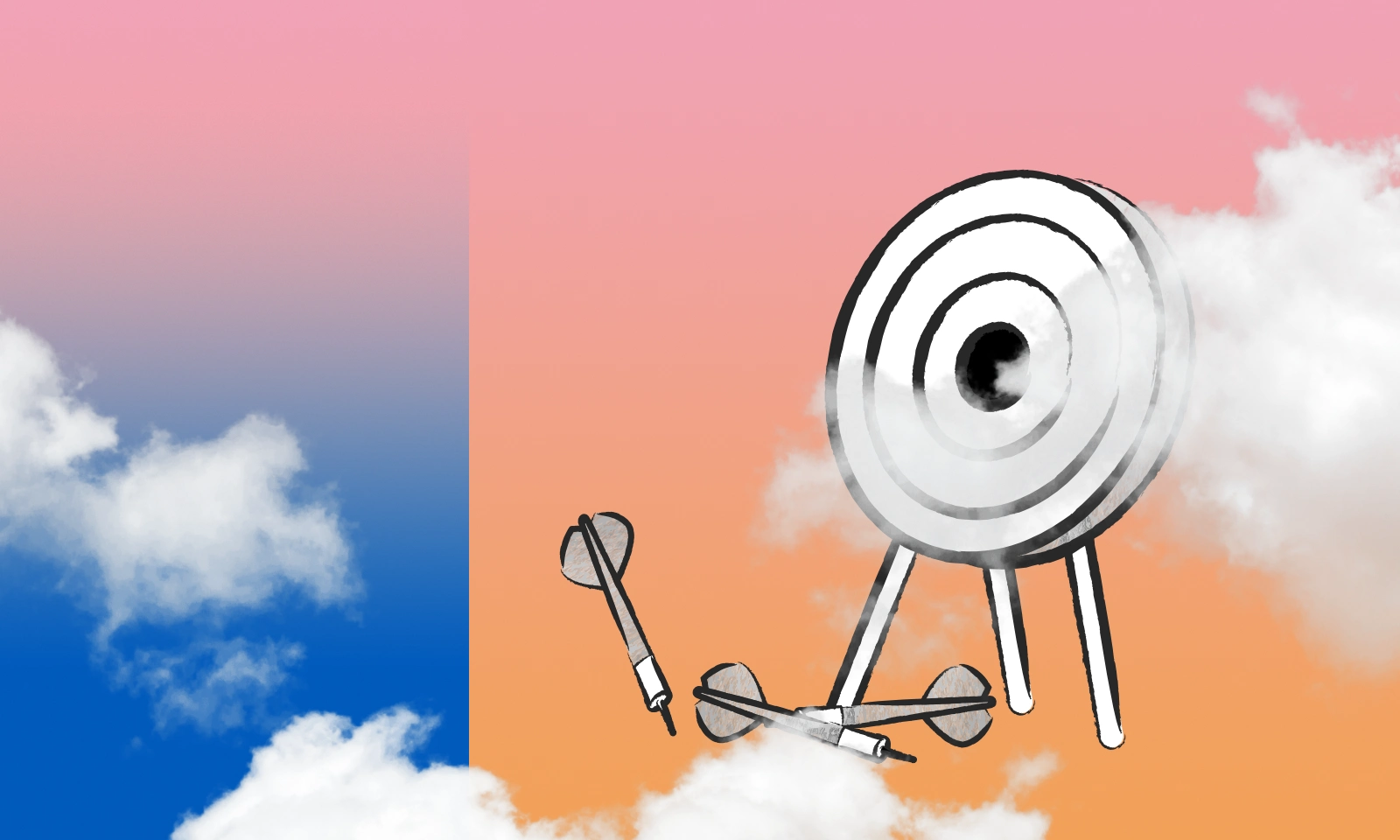 Dartboard target floating in the clouds, darts have missed the target.