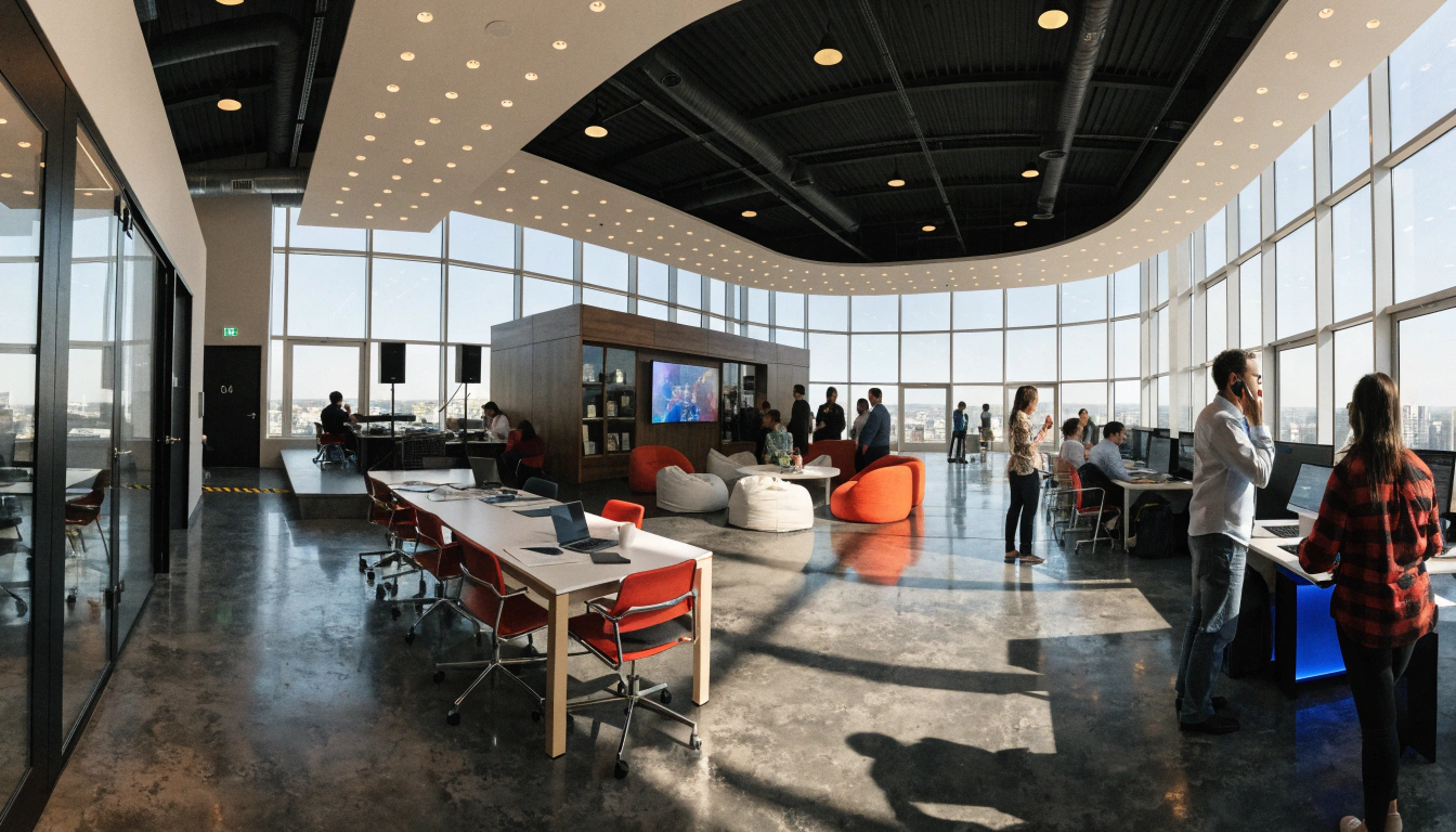 Open-plan office with floor-to-ceiling windows