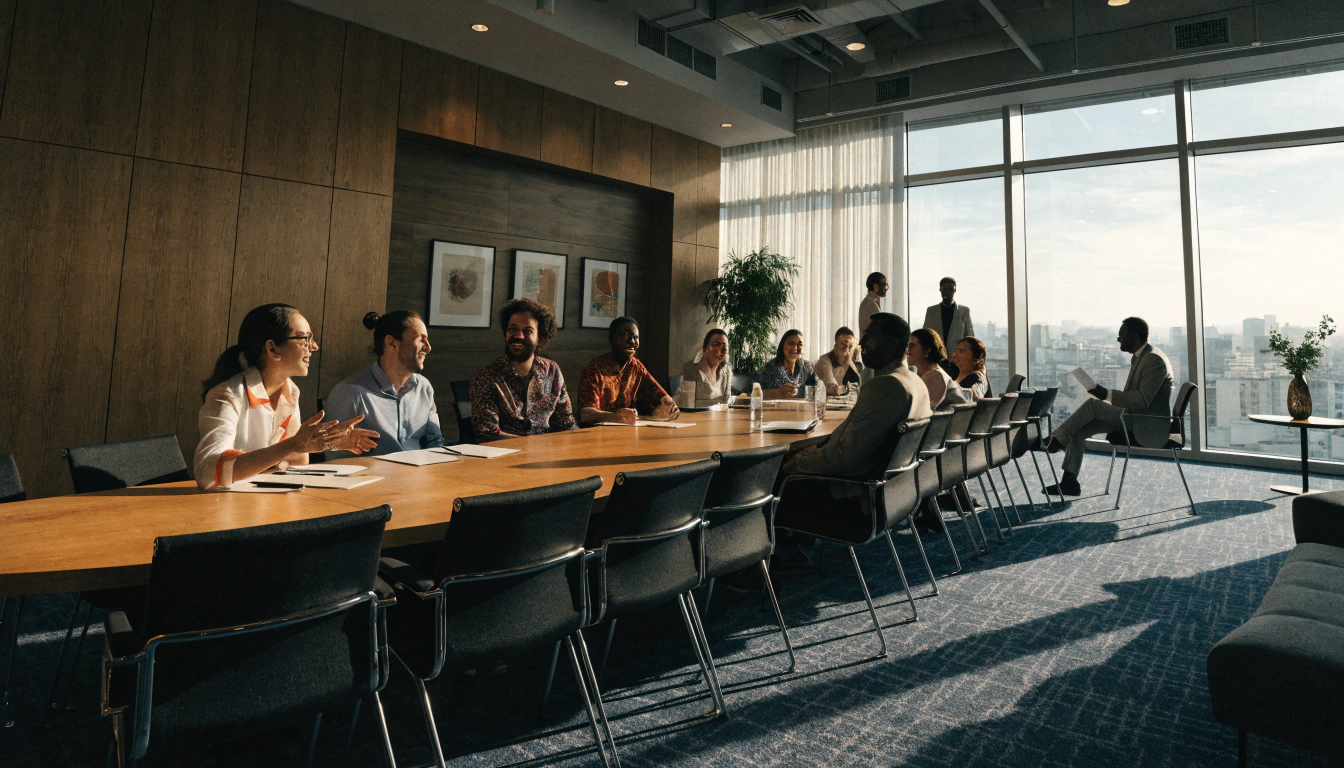 Team meeting around a long conference table in a sunlit office