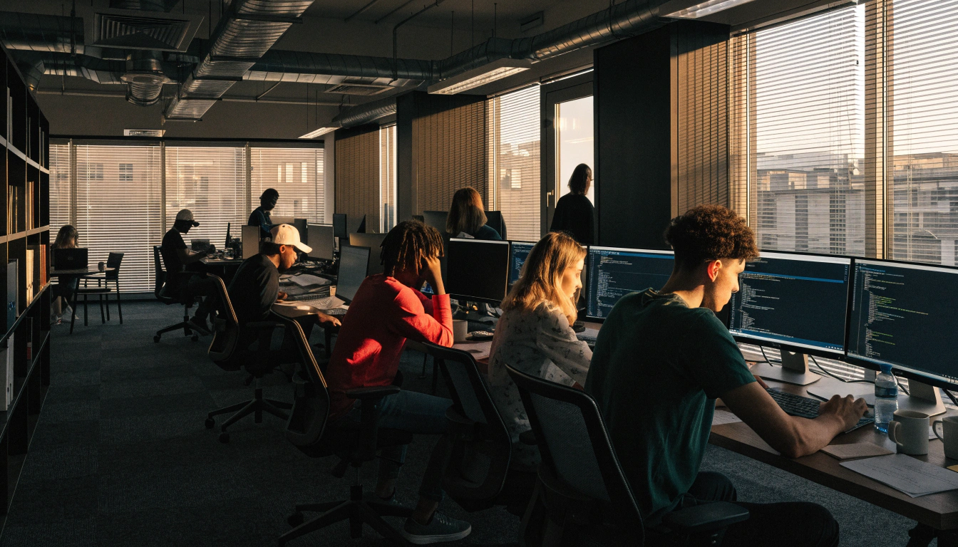Development team working at rows of desks in a loft office
