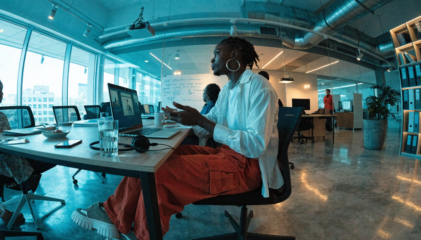 Marketer on a call at a laptop in a bright open-plan office