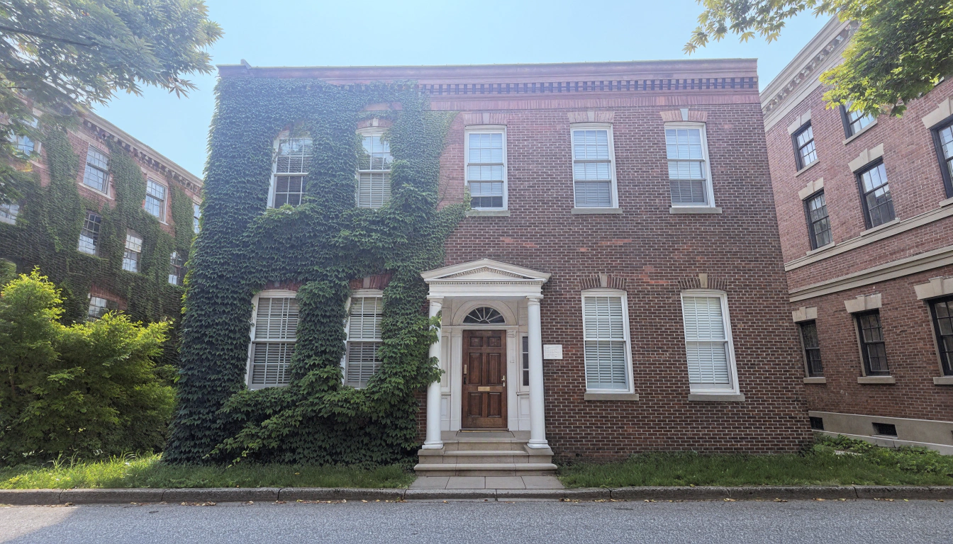 Ivy-covered brick townhouse on a residential street