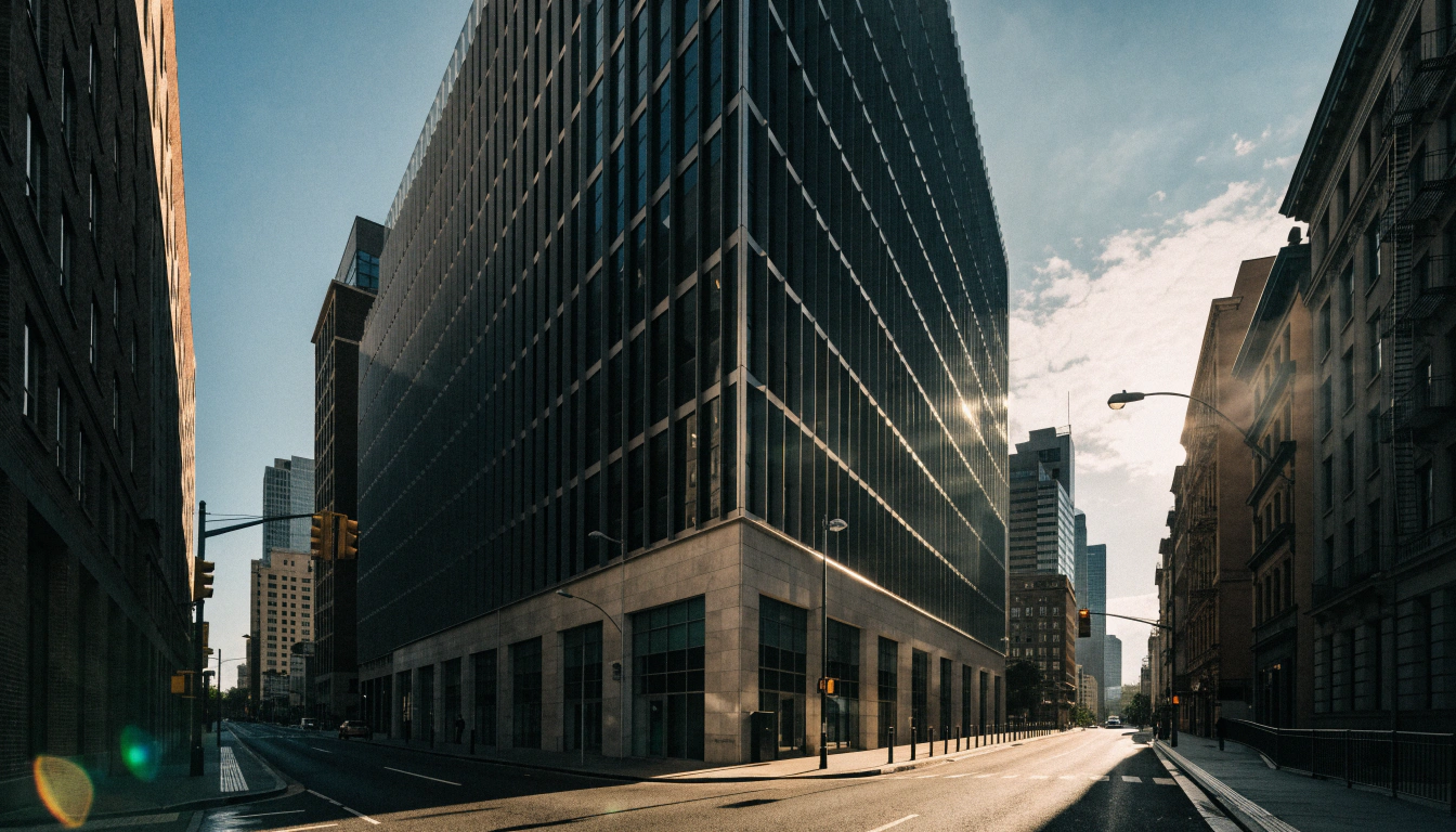 Glass office towers along a city street at sunrise