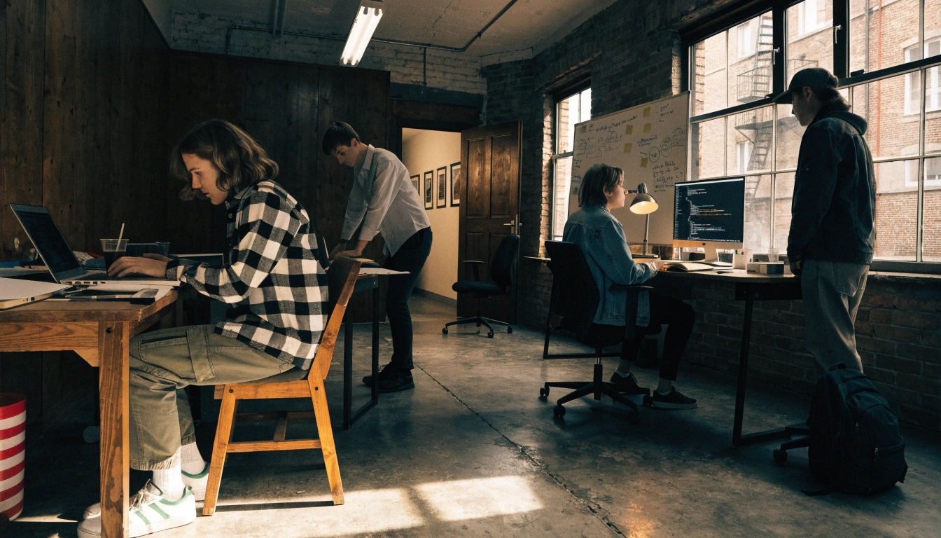 Startup team working in a sunlit loft office