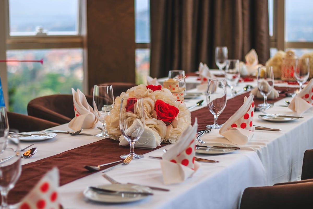 A table all set up for a corporate event