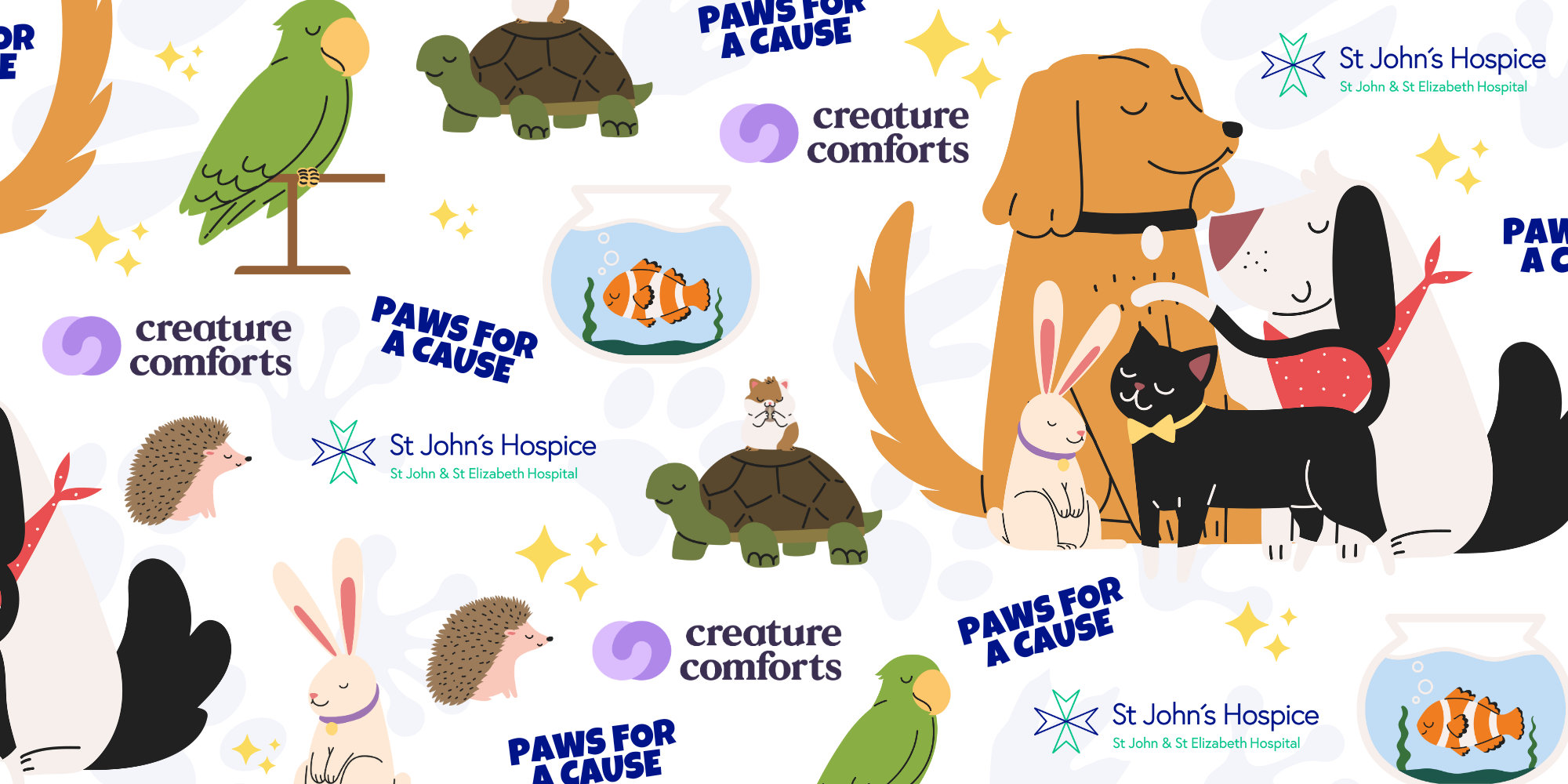 Cartoon dogs cats and various others with logos 