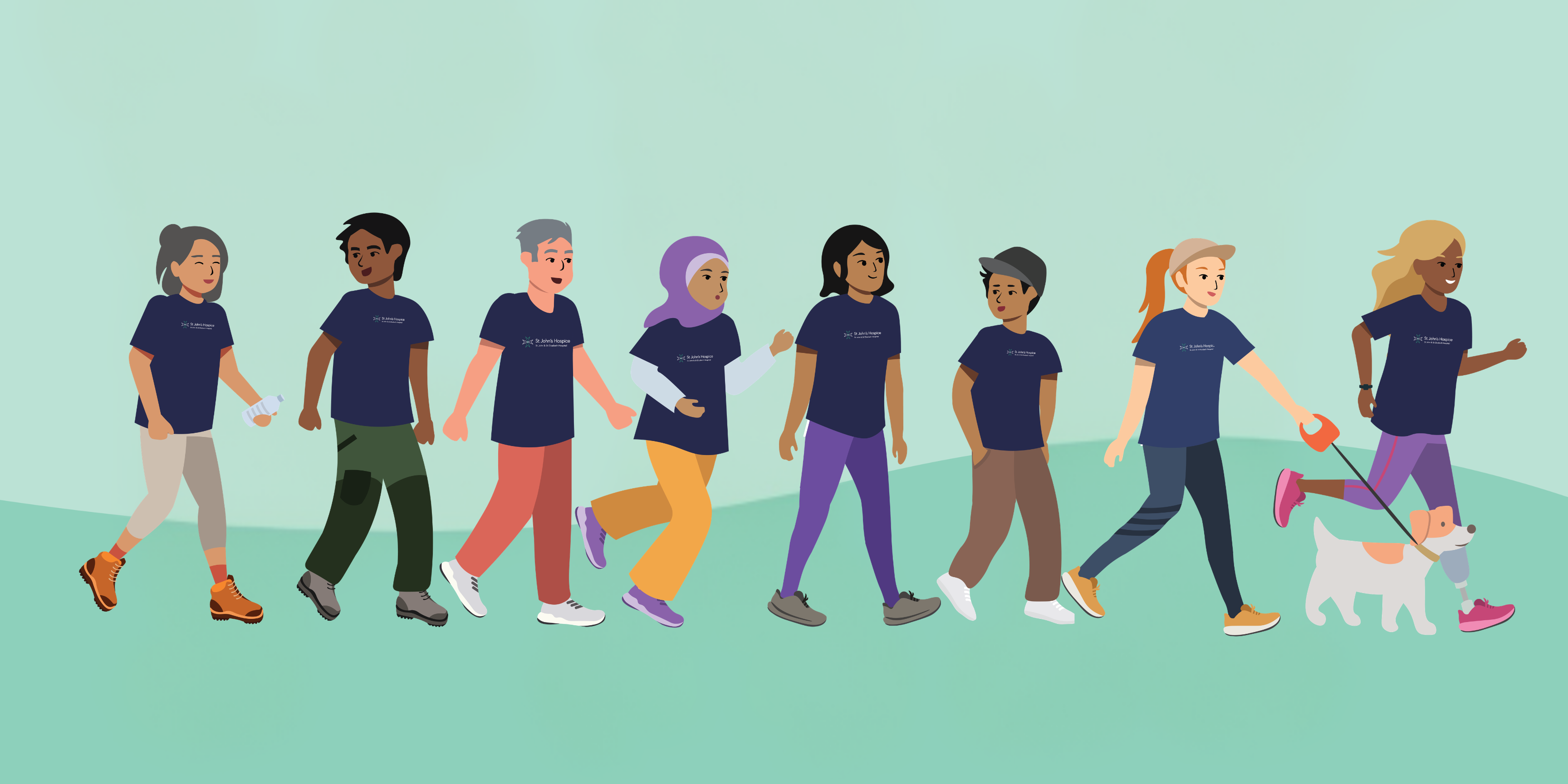 An image of a diverse community of people either walking or running for Step Up for St John's. Some have water bottles, dogs, and running gear.