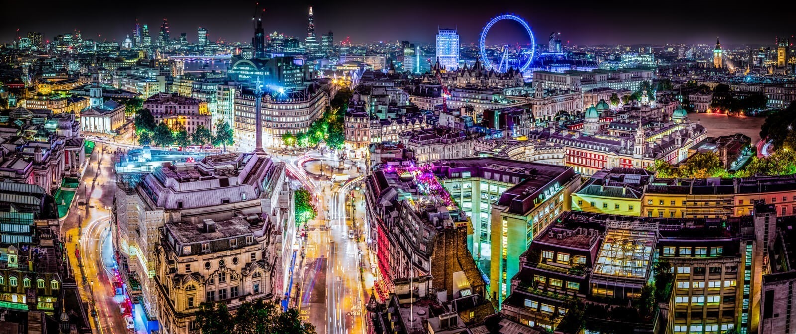 A birds eye view of London at night.