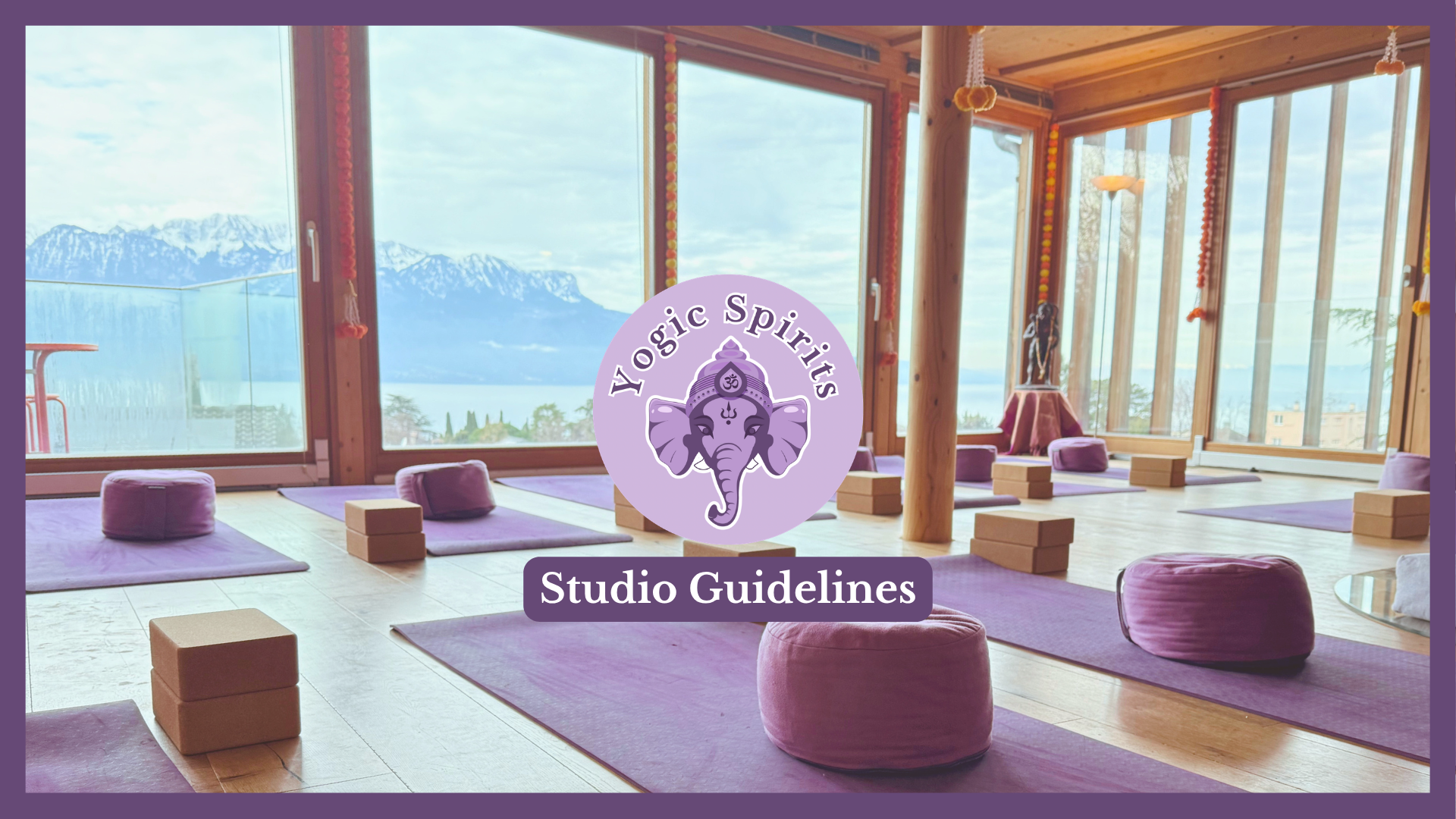 Meditation room with purple cushions arranged in a circle on wooden floor overlooking lake and mountains, with an overlay of two purple illustrated women meditating and playing veena in front of a large full moon.