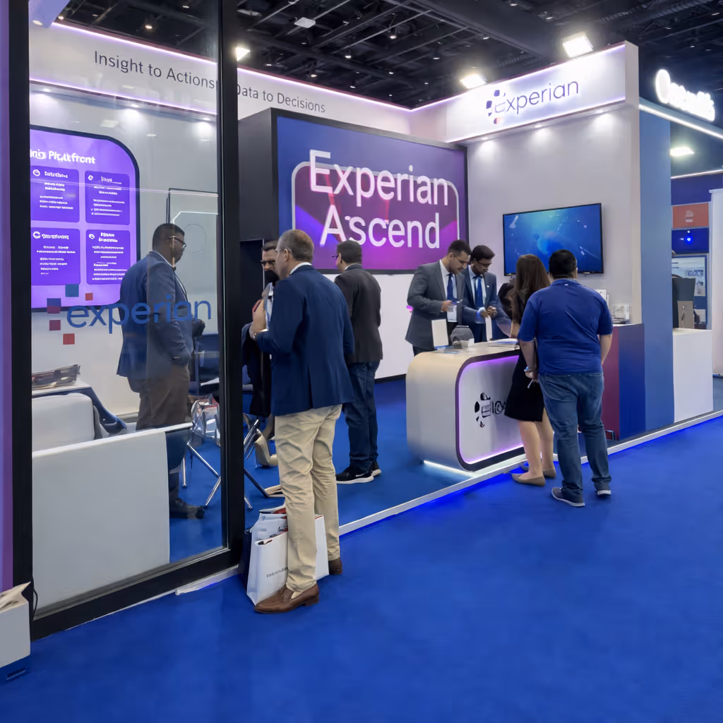 Enterprise exhibition booth at a major trade show with immersive LED display and engaged visitors creating a memorable brand activation