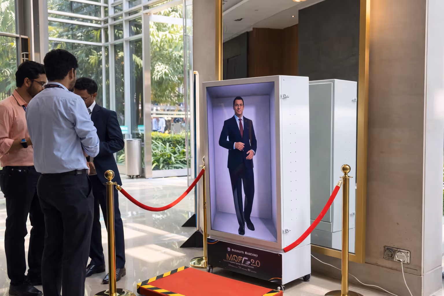 HoloBox AI holographic avatar engaging in live conversation with convention attendee — demonstrating intelligent interaction