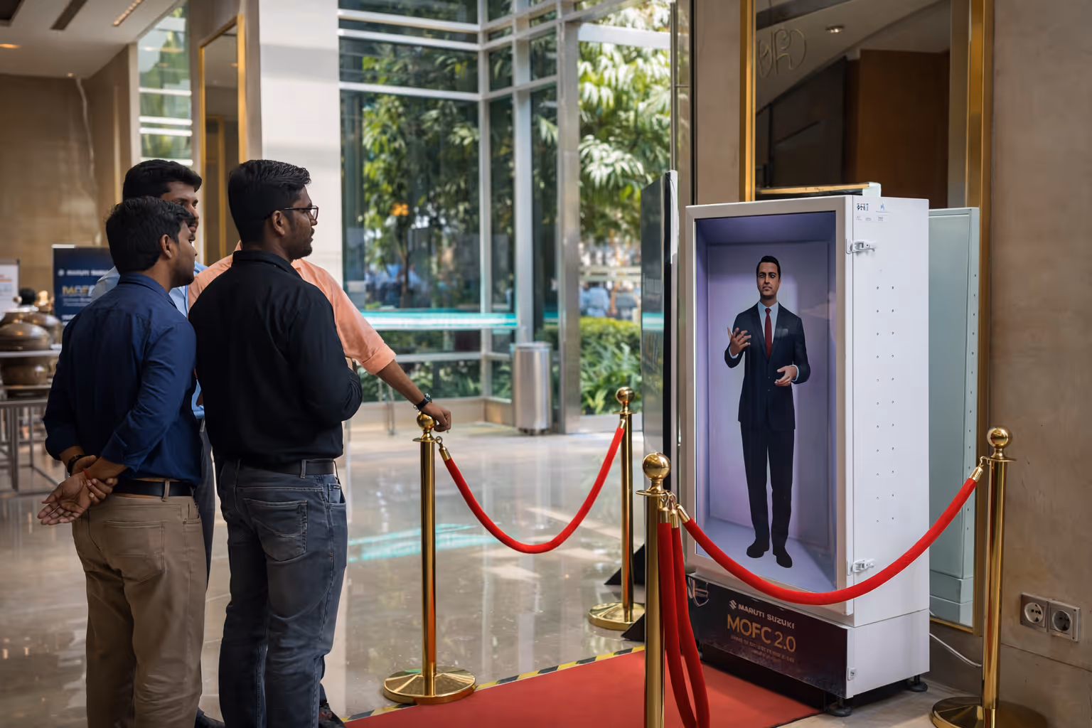Life-sized AI hologram HoloBox responding to live questions in English and Japanese on the MQFC 2.0 main stage