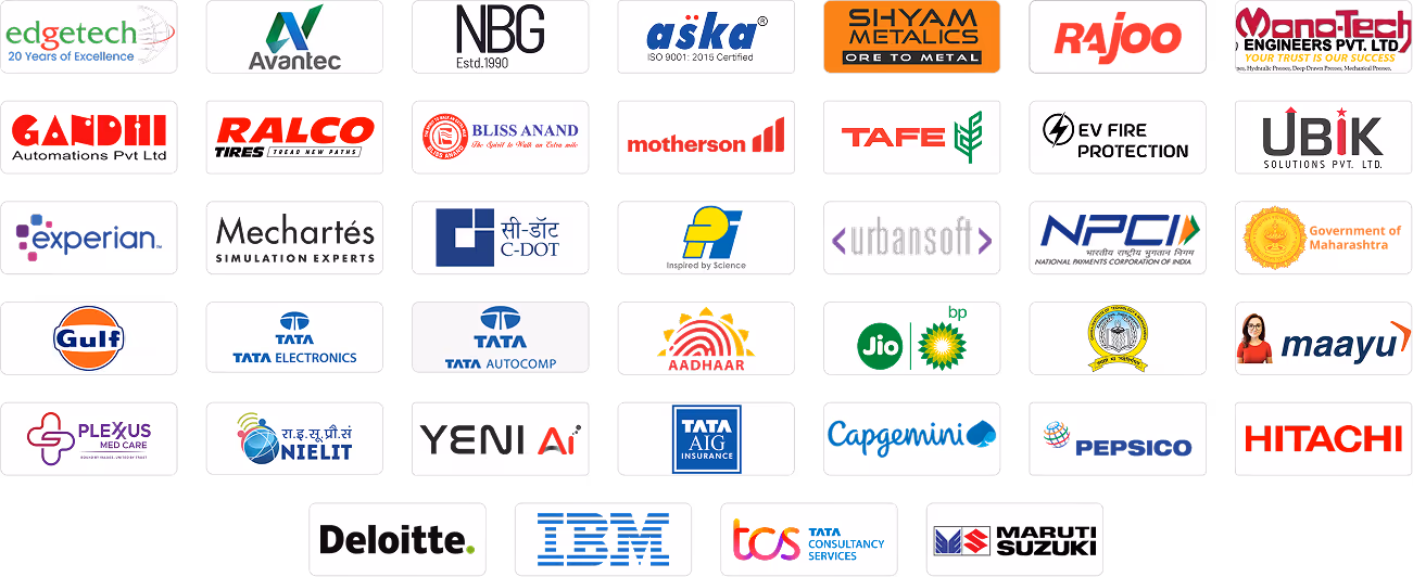 Grid of 37 logos from various Indian and multinational companies including Edgetech, Avantec, NBG, Aska, Shyam Metalics, Rajoo, Mono-Tech, Gandhi Automations, Ralco Tires, Bliss Anand, Motherson, TAFE, EV Fire Protection, UBIK Solutions, Experian, Mecharts, C-DOT, CSIR, Urbansoft, NPCI, Government of Maharashtra, Gulf, Tata Electronics, Tata Autocomp, Aadhaar, Jio BP, IIT Bombay, Maayu, Plexus Med Care, NIELIT, Yeni AI, Tata AIG Insurance, Capgemini, PepsiCo, Hitachi, Deloitte, IBM, TCS, and Maruti Suzuki.