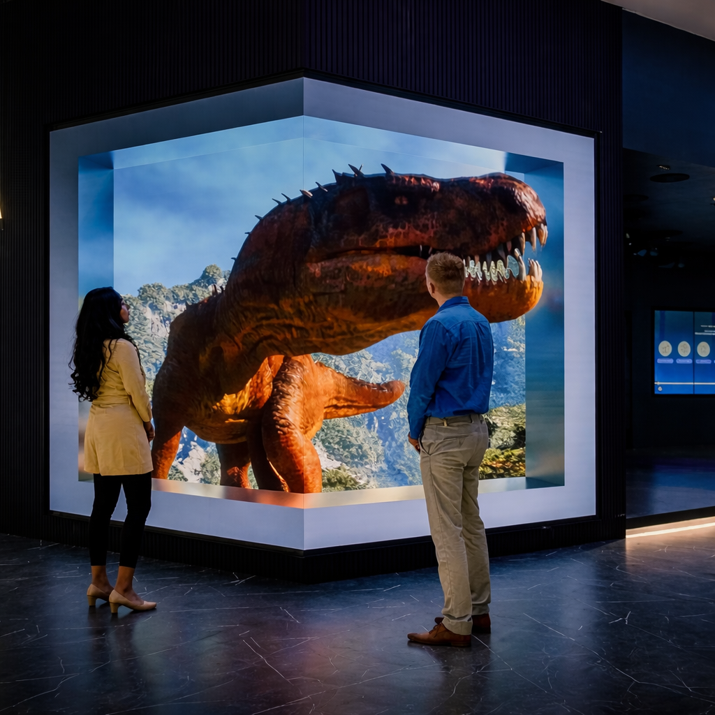 Anamorphic LED wall at enterprise trade show displaying 3D depth illusion content with elements appearing to break out of the screen