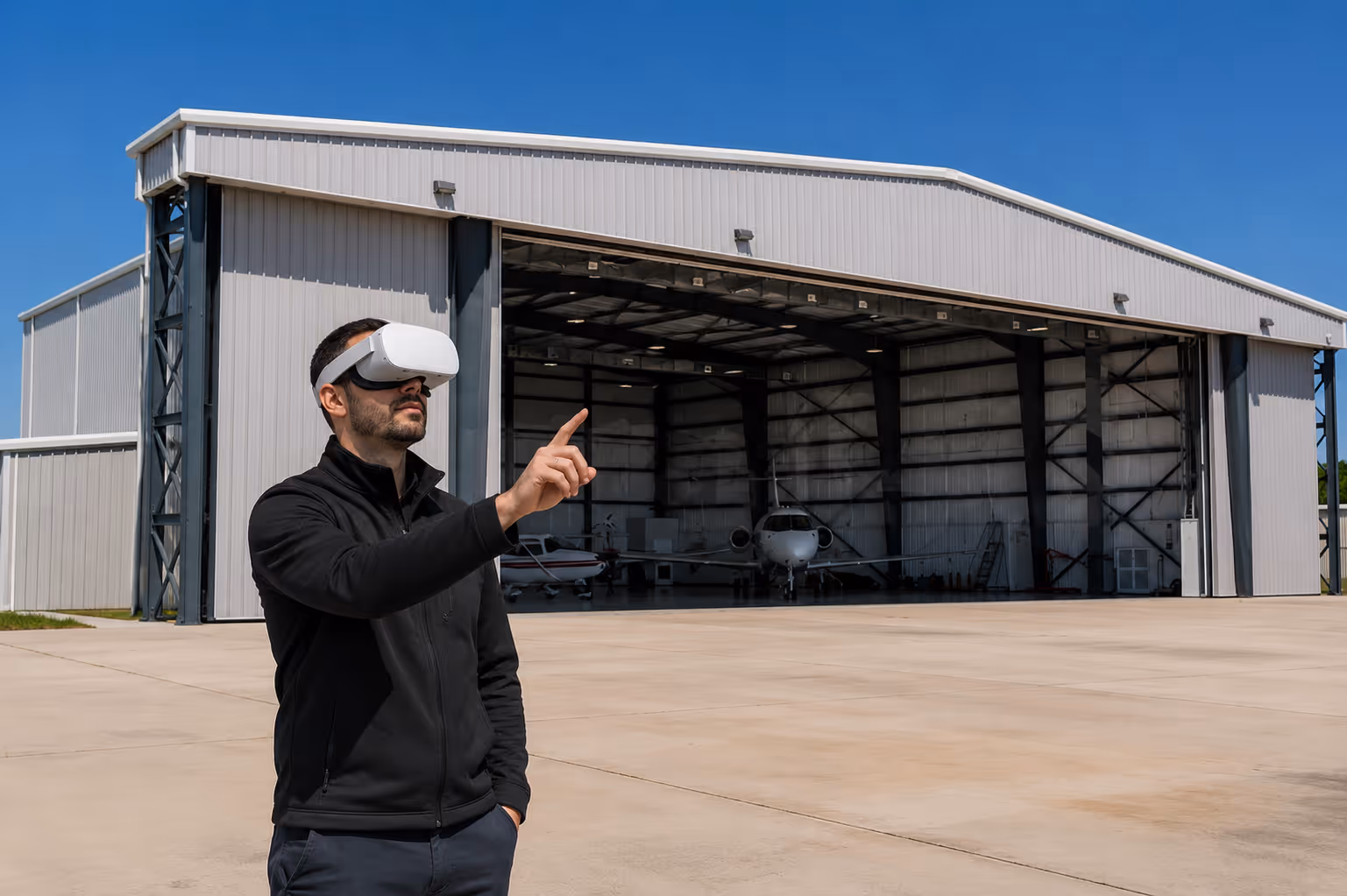 Man wearing a black jacket and virtual reality headset, interacting with an unseen virtual object outside a hangar with small airplanes inside.