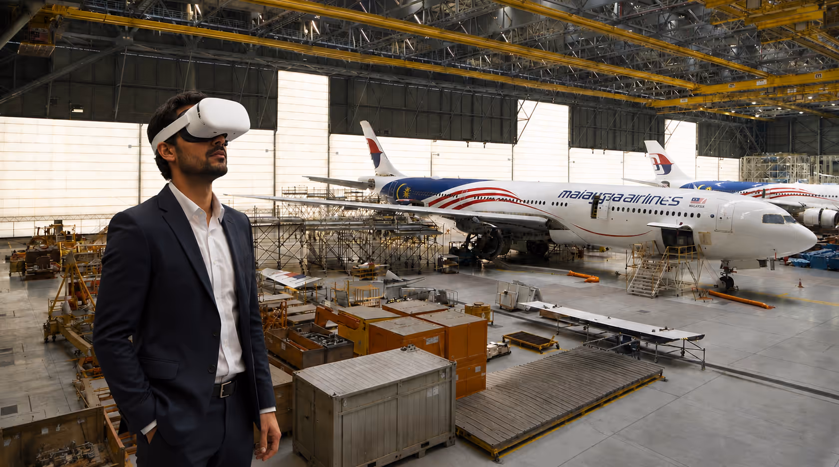 Aerospace buyer using a Meta Quest VR headset at an industrial trade-show booth