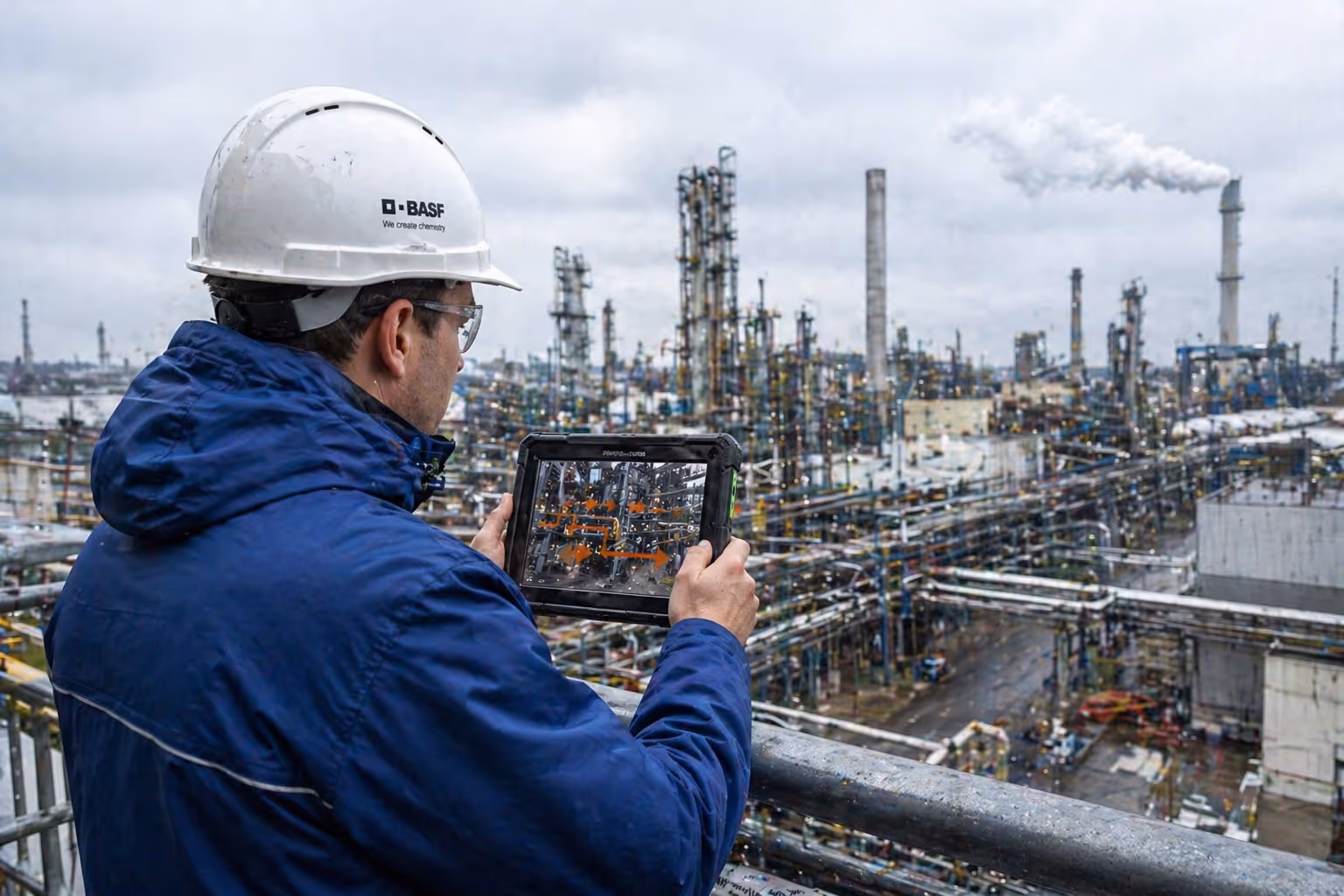 Man wearing BASF hard hat and blue jacket using a tablet device to inspect an industrial chemical plant with complex piping and smoke stacks.