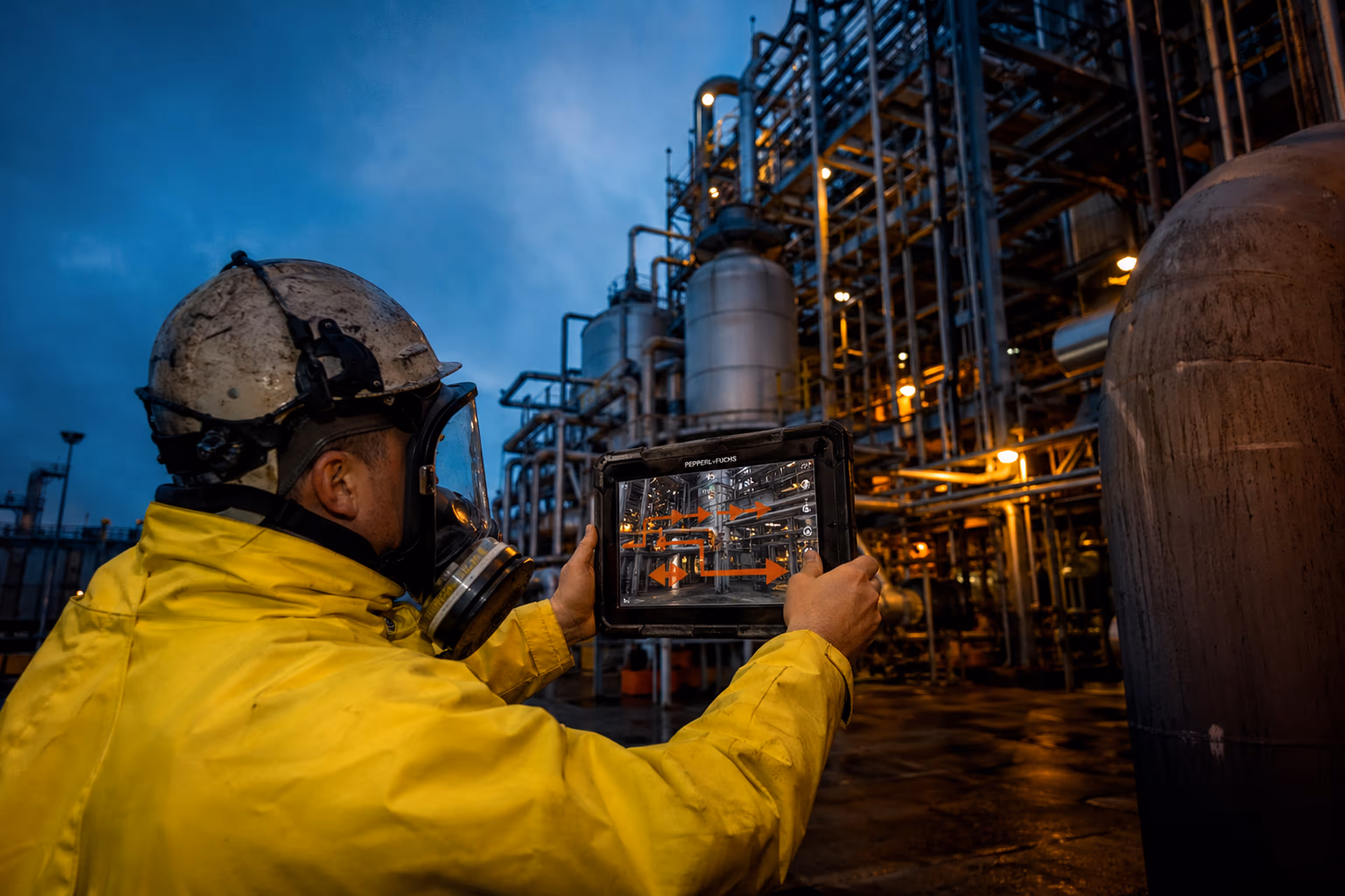 Worker in yellow protective suit and helmet using a tablet with industrial plant schematic in a refinery or factory at dusk.