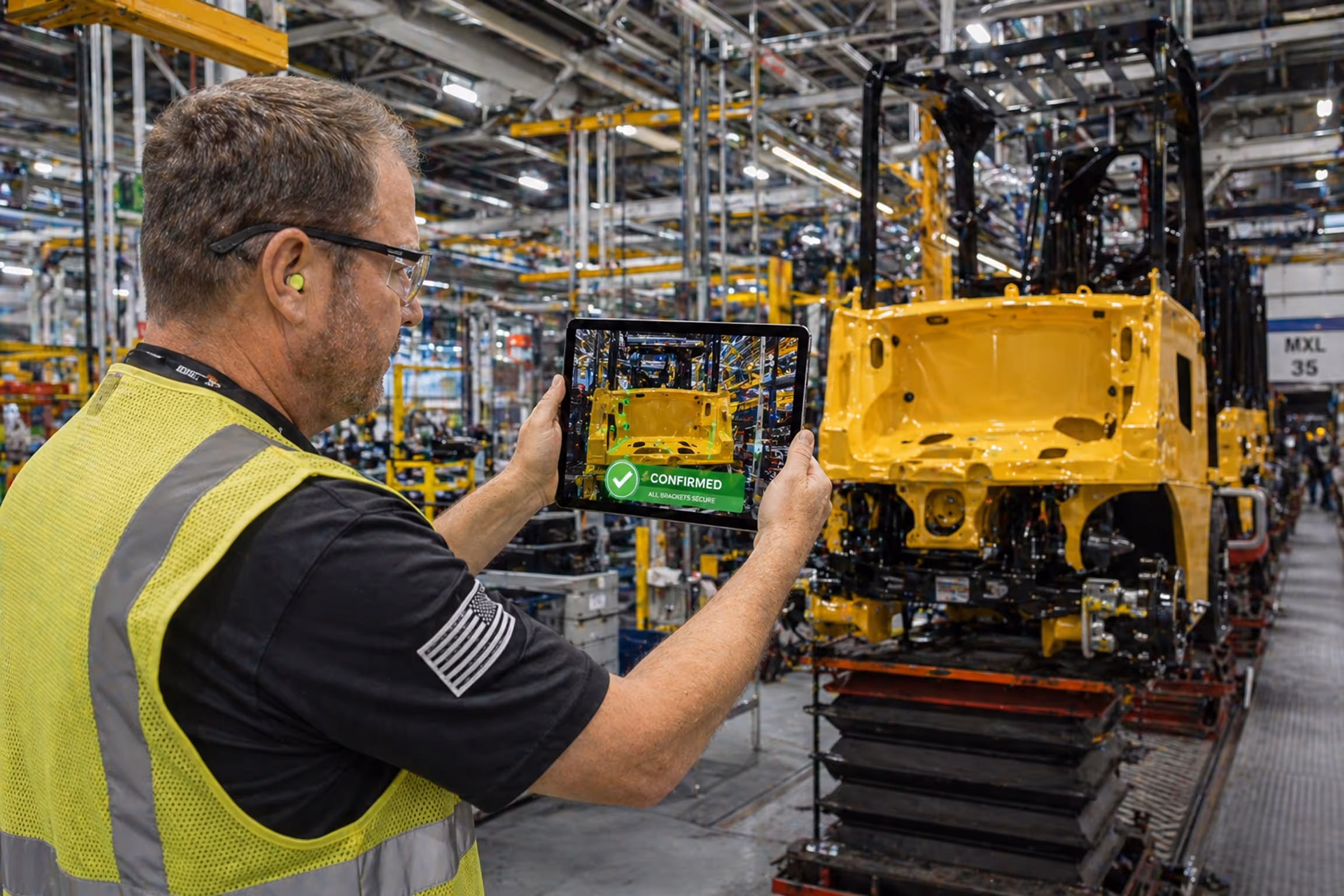Man in safety vest using a tablet to inspect a yellow vehicle frame on a factory assembly line, with 'Confirmed' message on the tablet screen.