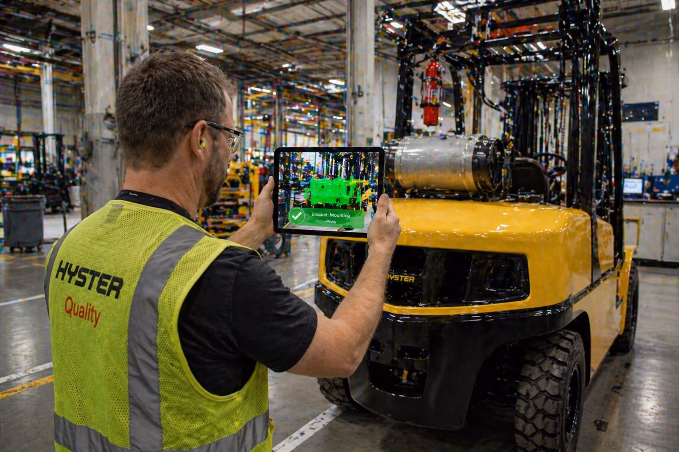 Worker in a high-visibility vest using a tablet to inspect a yellow Hyster forklift inside a factory.
