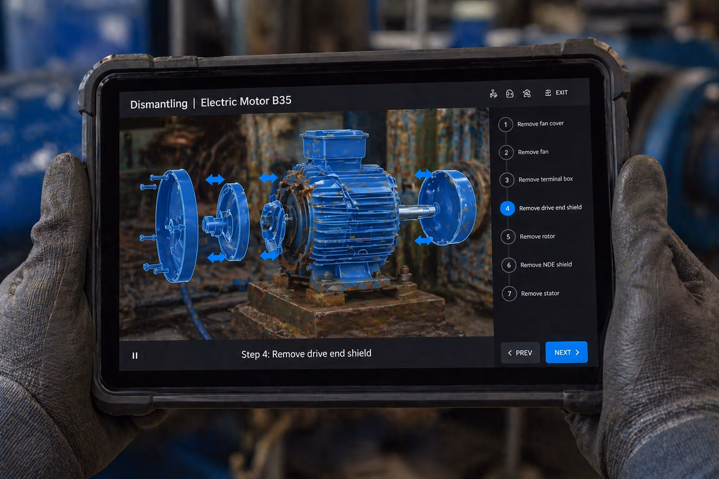 Tablet screen showing step 4 of dismantling electric motor B35 with 3D exploded parts in blue and instructions highlighted.