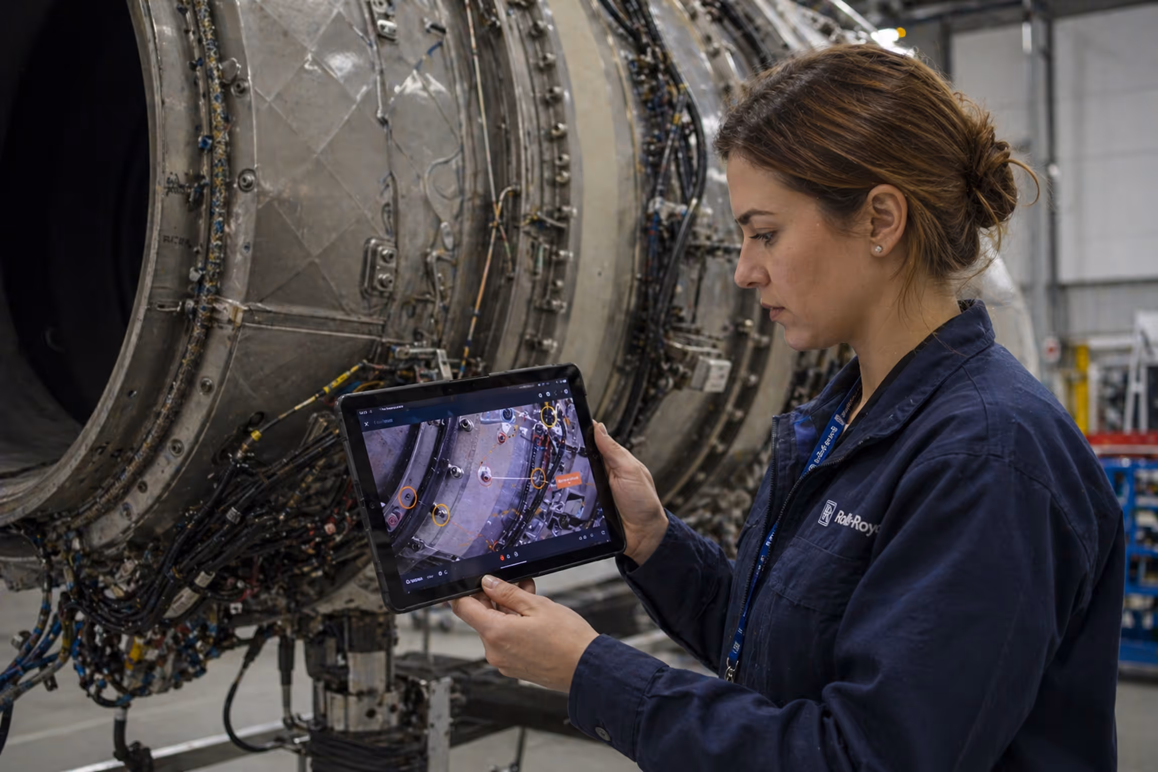 Engineer in navy blue Rolls-Royce jacket inspecting aircraft engine parts displayed on a tablet in an industrial workshop.