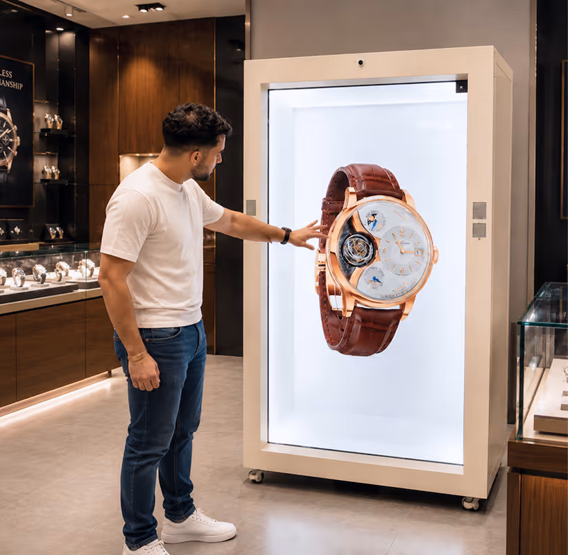 Interactive 3D holographic display HoloBox showcasing a floating luxury watch product for retail and exhibition demonstrations.