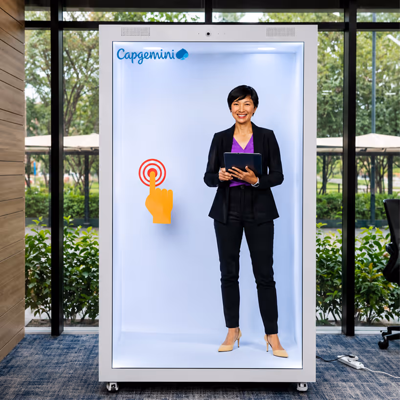 Touch-enabled Metaverse911 HoloBox 3D holographic display allowing visitors to interact with holographic content and digital experiences.