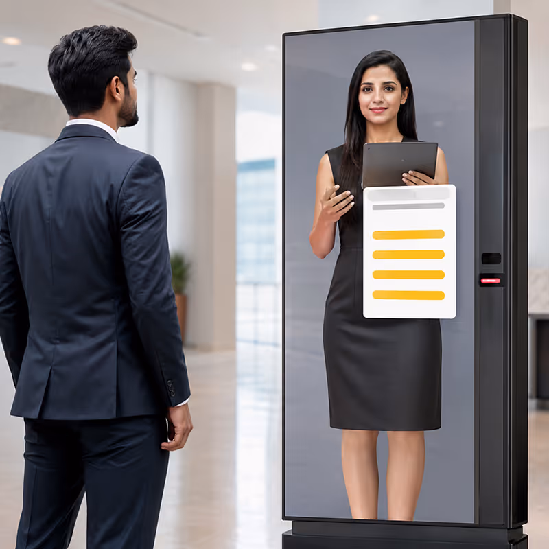 AI kiosk with a virtual sales assistant providing interactive customer engagement and digital information