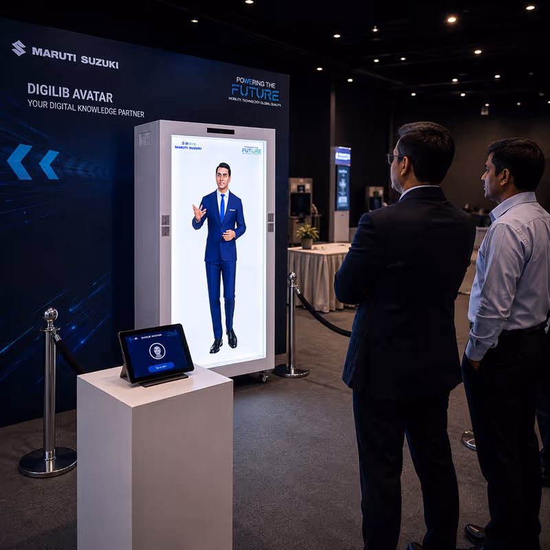 HoloBox AI holographic display at Maruti Suzuki MQFC 2.0 — life-sized hologram engaging dealership representatives