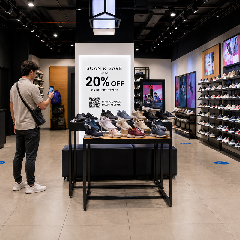 Life-size HoloBox displaying interactive footwear promotions and QR code offers to enhance visual merchandising in a retail store.
