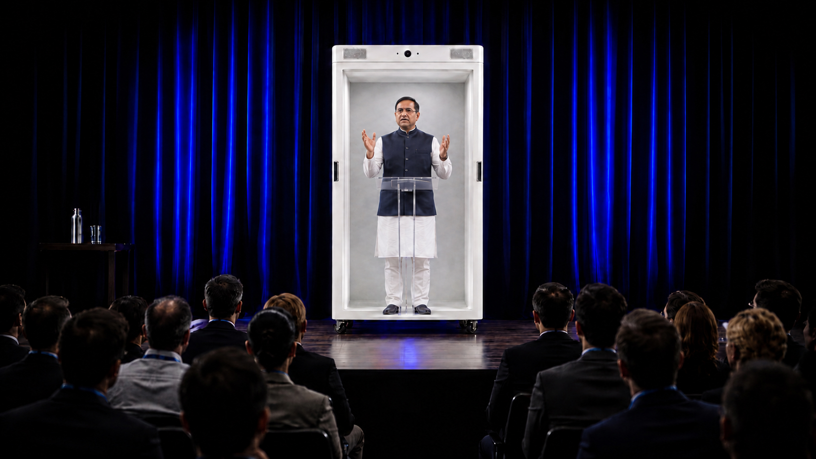 Life-size HoloBox displaying a live holographic speaker on stage during a corporate conference, creating an immersive 3D event experience.