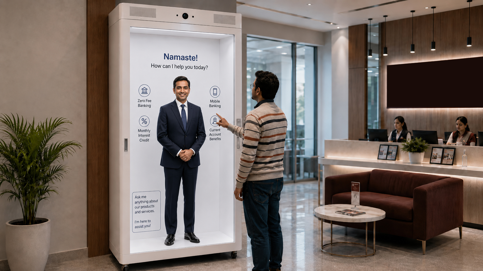 Customer interacting with a life-size AI hologram banking avatar through a touch-enabled HoloBox inside a modern bank branch.