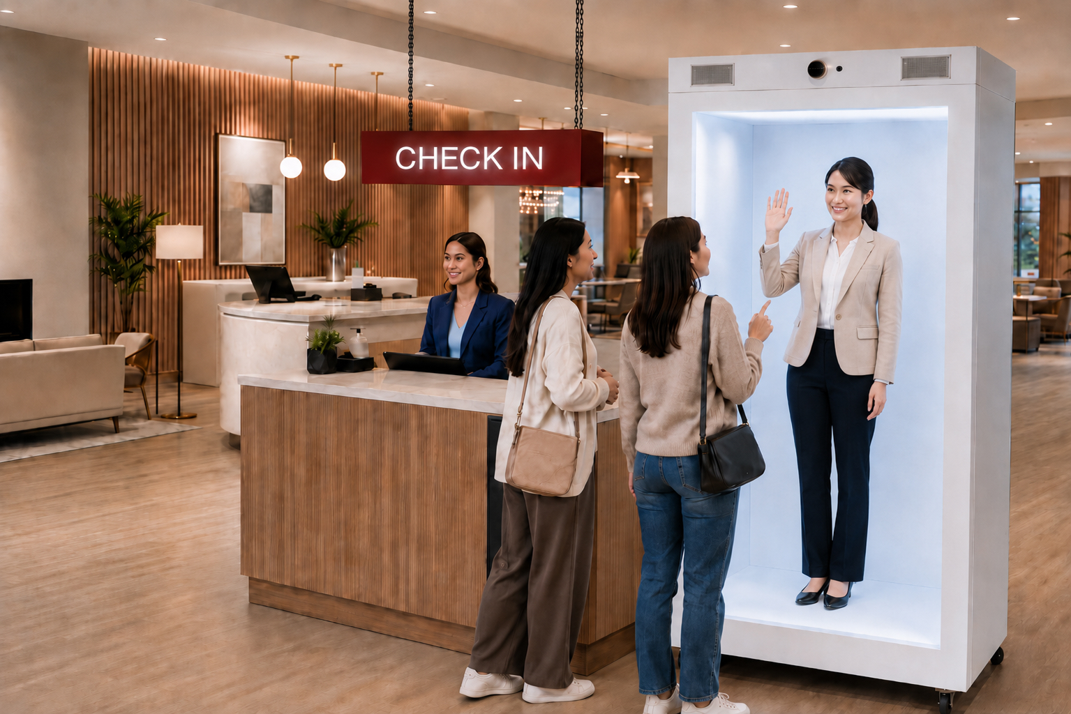 Guests interacting with a life-size AI hologram hotel receptionist inside a HoloBox at a hotel check-in counter, showcasing an interactive digital concierge for faster guest check-in, room assistance, and hospitality experiences.