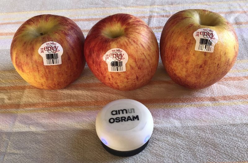 Three Envy apples from T&G Global, and a tiny NIR spectrometer from ams-Osram