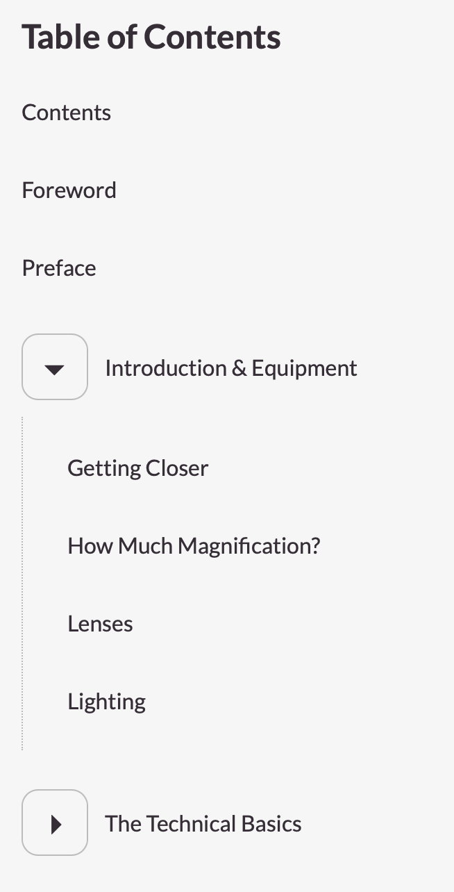 An ebook table of contents is shown with a section grouped together under a heading